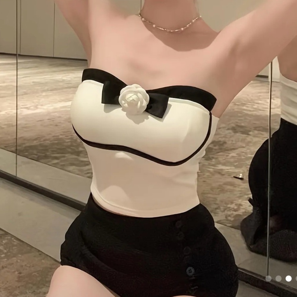 Strapless White Cropped Top Bustier Corset Black Contrast Trim Camellia Flower